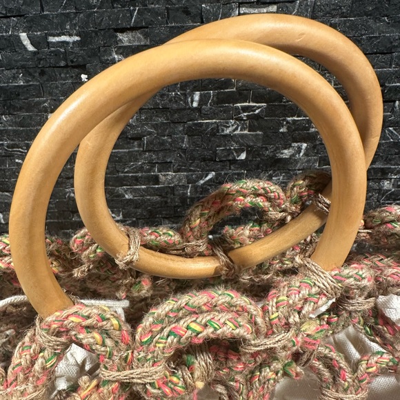Estrella Shirleah Jute Bag Multicolor Round Wood Handles Vegan Made in India - Picture 2 of 13